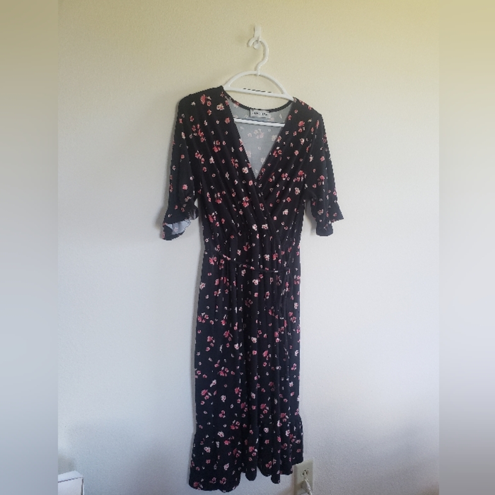 Black Floral Wrap Style Dress